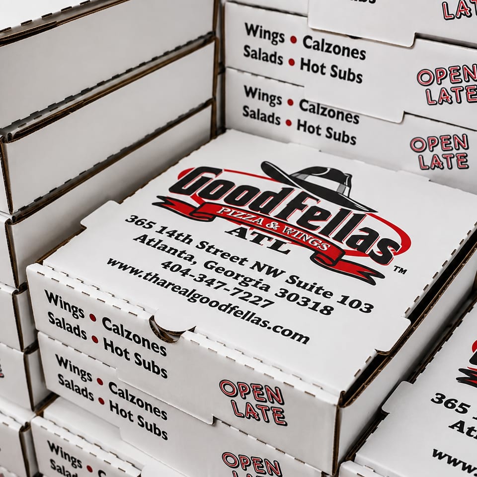 Stacked GoodFellas Pizza & Wings boxes display the logo, Atlanta address, website, and menu offerings.
