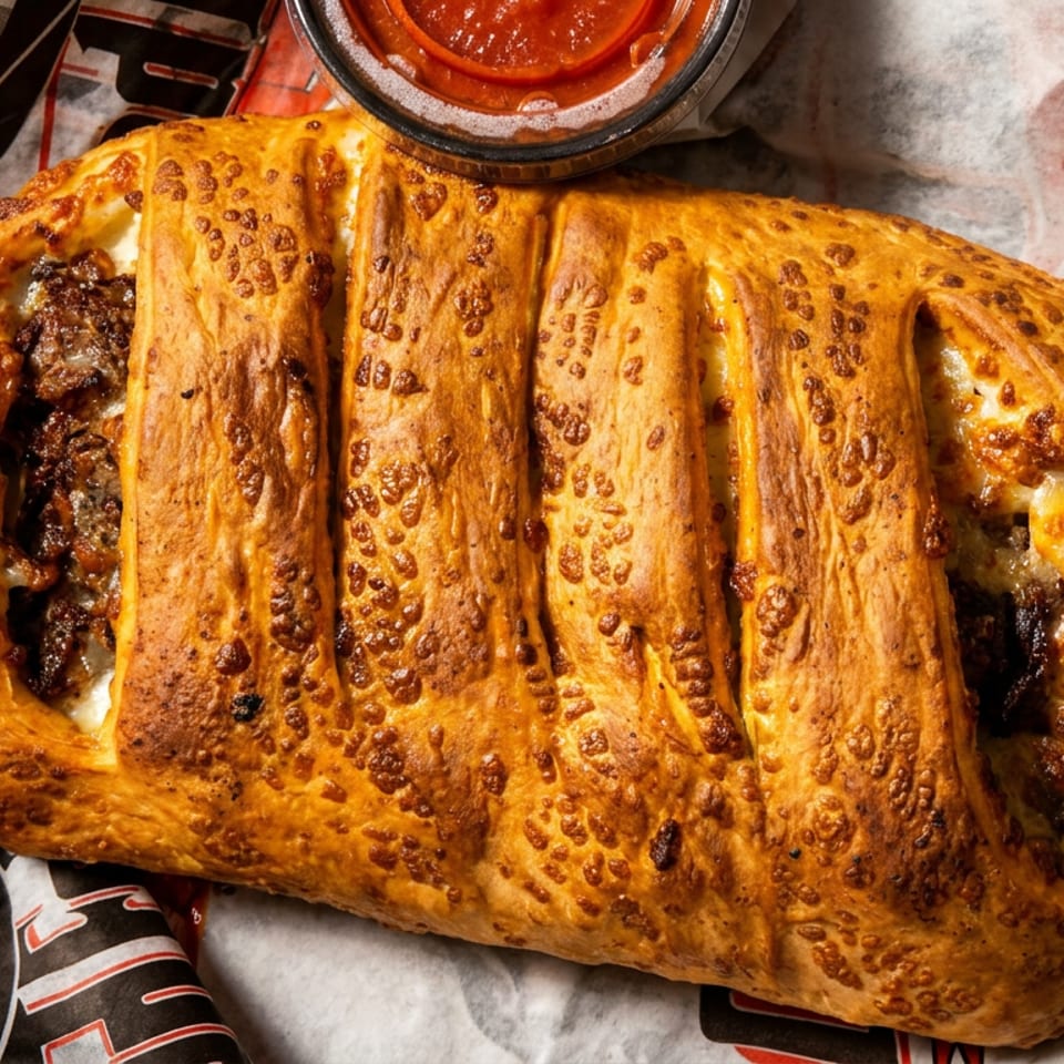 Golden-brown calzone filled with meat and cheese, served with a side of marinara sauce.