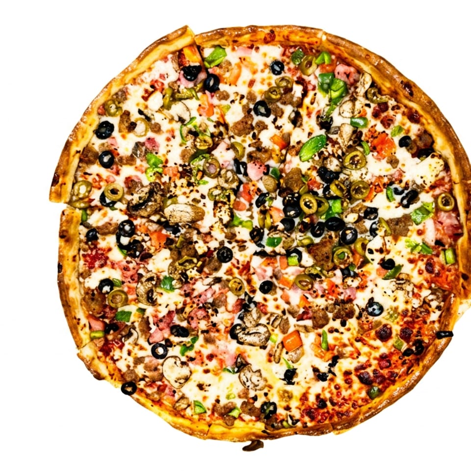 A large, round pizza with a golden crust, topped with various meats, vegetables, and cheeses.