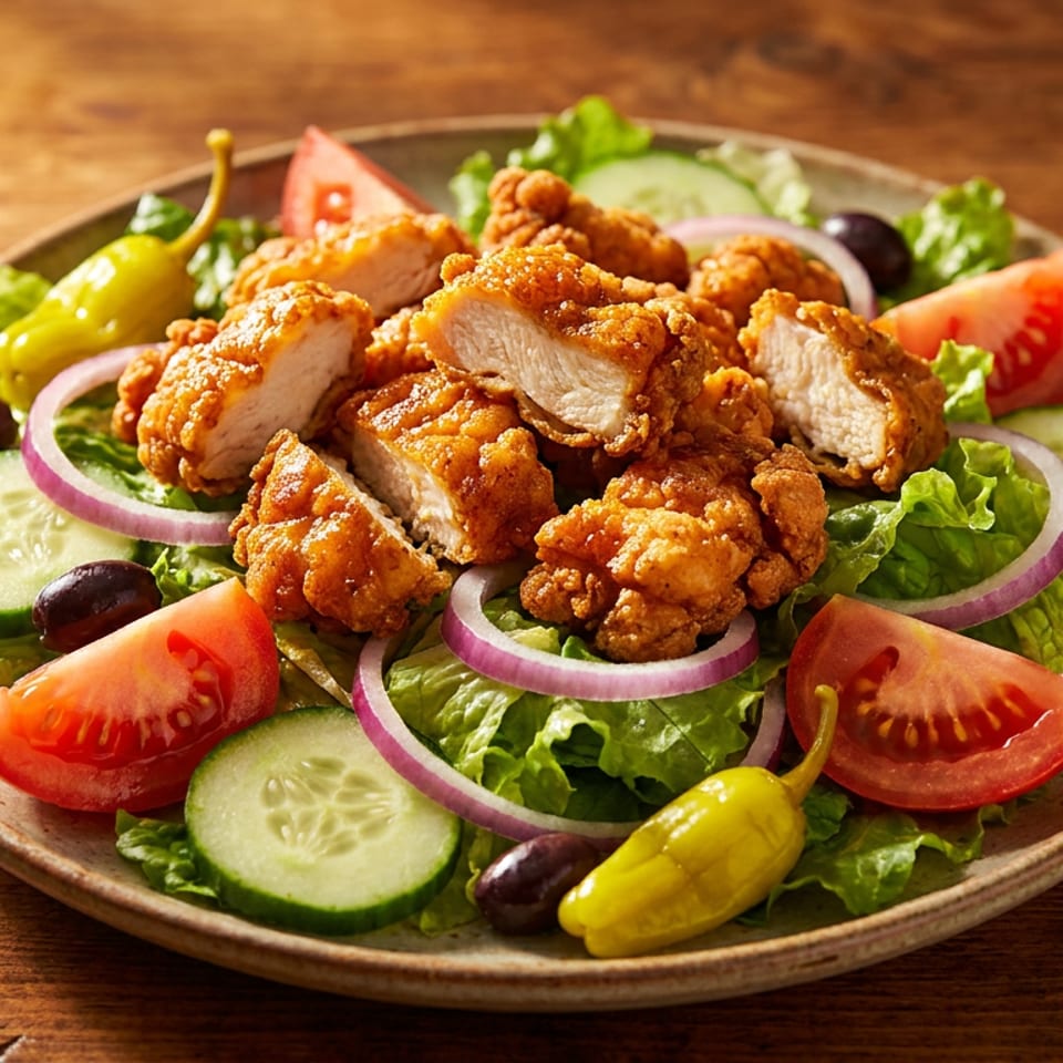 Crispy fried chicken pieces on a fresh salad with lettuce, tomatoes, cucumbers, red onions, olives, and a pepperoncini.