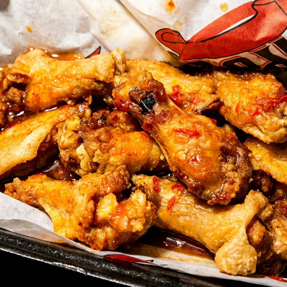 Close-up of saucy chicken wings in a black tray lined with branded paper.