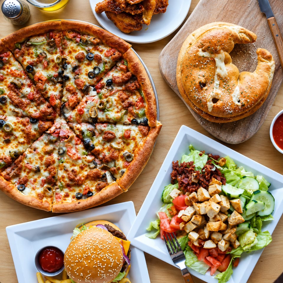 Overhead spread of loaded pizza, calzone, chicken wings, grilled chicken salad, and cheeseburger with fries on a wooden table.