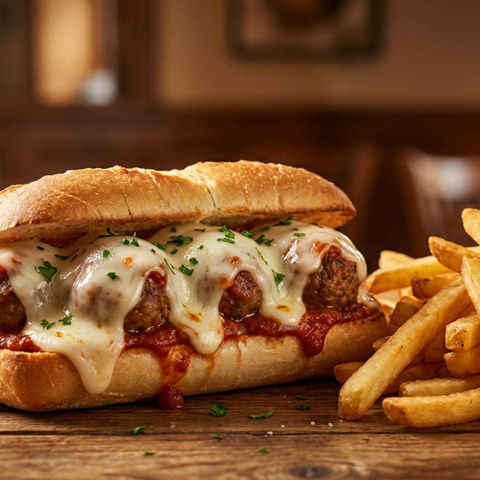 Meatball sub with melted cheese and marinara sauce, served with a side of golden french fries.